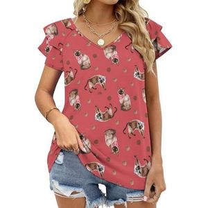 Siamese katten met strikken en bruine stippen grafische blouse top voor vrouwen V-hals tuniek top korte mouw volant T-shirt grappig