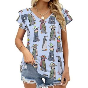 Kerst Pinguïns Grafische Blouse Top Voor Vrouwen V-hals Tuniek Top Korte Mouw Volant T-shirt Grappig