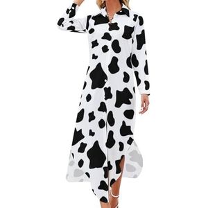 Maxi-jurk met koeienprint voor dames, lange mouwen, knoopsluiting, casual feestjurk, lange jurk, M
