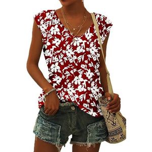 WNEEDU T-shirt dames zomer V-hals tanktop losse blouse bovenstuk zomer dames licht en luchtig met kapmouwen, 01 rode witte bloem, M