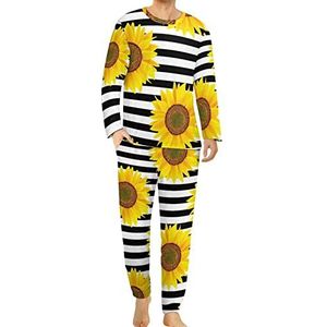 Zonnebloemen Wit Gestreepte Comfortabele Heren Pyjama Set Ronde Hals Lange Mouw Loungewear met Zakken 6XL