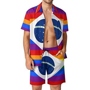 Braziliaanse homo vlag mannen Hawaiiaanse bijpassende set 2-delige outfits button down shirts en shorts voor strandvakantie