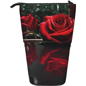 Nbtghga Rode Spiegel Rose Print Potlood Telescopische Klassieke Kunsten Stand Up Potlood Case Organizer Potlood Houder Make-up Tas Gift, Zwart, Eén maat
