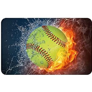 Oranje softbal honkbal in brand en water flanel vloermat 50x70 cm, antislip verdikt badkamertapijt, voor binnen en buiten, woondecoratie