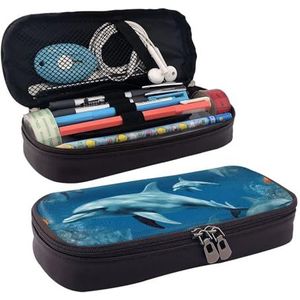 KLLTYHMU Lederen Etui Organizer Grote Capaciteit Potlood Pouch Opbergtas Met Compartimenten Leuke Potlood Tas Luipaard Liefde Pen Doos Draagbare Cosmetische Make-up Tas Organizer, Dolfijnen Blauw, Eén