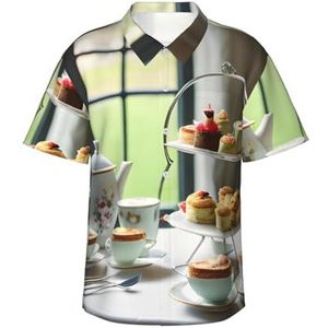 Afternoon Tea Print Fun Hawaiiaans shirt voor mannen casual korte mouw button down shirts zomervakanties, Zwart, S