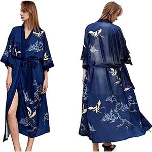 TOBILE Gewaad Satijn Gewaad Vrouwen Zomer Nachtjapon Lingerie Print Bloem Nachtkleding Nachtjurk V-hals Kimono Badjas Jurk Nachtkleding Loungewear, Blauwe kraan, one size