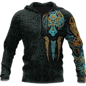 Viking Wolf Totem Pullover Hoodie - Noorse Mythologie Fenrir Tattoo Sweatshirts Casual Lichtgewicht Voor Streetwear(Green,5XL)
