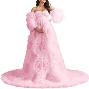 KIYNE Zwangerschapsjurk voor dames, voor fotoshoot, tule lingerie, zwangerschapsjurk voor babyshower, lange bruidsjurk, roze, 32
