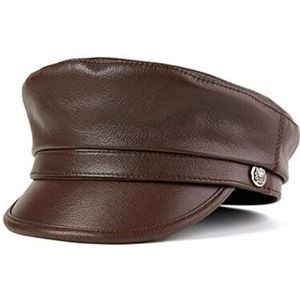 Heren platte top lederen biker cap met ketting, zwart leer(Dark brown,57-58cm)