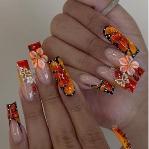 MouyouGlow Lange kunstnagels met nagellijm, vierkant, luipaard, Franse 3D, bloemen, kristal, vlinder, sterren, design, Y2K, bloemen, vlinder, zomer, INS
