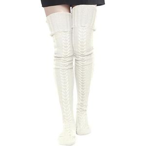Ferizzia Hoge damessokken, 97 cm, extra lang, katoen, gebreid, warm, dik, hoge sokken, dames, wit, hoge sokken, gebreid van katoen, knie hoge sokken, voor meisjes en vrouwen