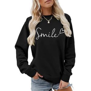 MLZHAN Smile Love Heart Print Vrouwen Sweatshirt Ronde Hals Lange Mouw Truien Herfst Winter Streetwear Causale Jas Tops, Zwart, S