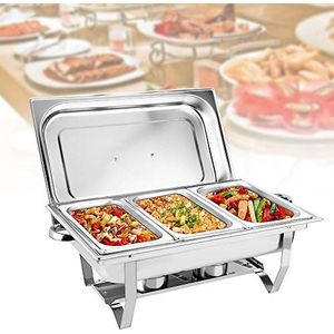 9L Chafing Dish Professionele set, 3Grid roestvrijstalen warmhoudcontainer met deksel en inklapbare standaard, voedselwarmer, warmhoudcontainer, rechaud, voor catering, buffet en feest