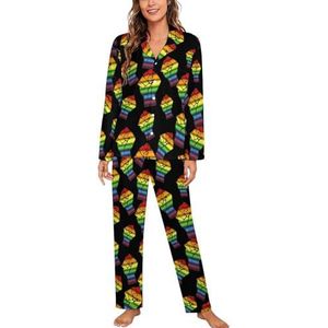 Gay Protest Vuist Met Regenboog Vlag Lange Mouw Pyjama Sets Voor Vrouwen Klassieke Nachtkleding Nachtkleding Zachte Pjs Lounge Sets