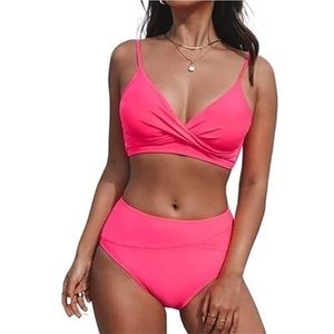 Bikiniset for dames, 2-delige badmode, kruis, gerimpeld, V-hals, hoge taille, push-up bikini, strandvakantie, damesbadpak(Rose Red,XXL)