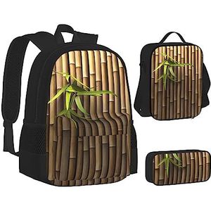 TOMPPY Lente bamboe bedrukte boeken tas met lunchtas en etui voor elementaire, 3 stuks rugzak sets, Zwart, Eén maat, Schooltas Set