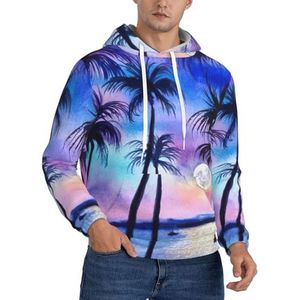 JEJEA Palm Tree Patroon Print Heren Hooded Sweatshirt, Trekkoord Hoodies Trui, Lange Mouw Trui, Voor Dagelijks Dragen, Zwart, S