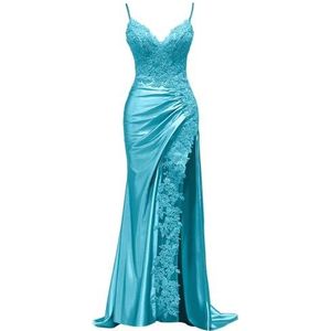 KIYNE Dames kanten applicatie satijnen baljurk met split spaghettibandjes V-hals zeemeermin formele feestjurk, Turkoois, 14