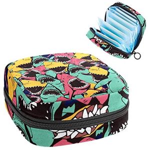 Maandverband Opbergtas,Draagbaar maandverband Opbergzak,Geel roze groen haaipatroon, Meerkleurig, 4.7x6.6x6.6 in/12x17x17 cm