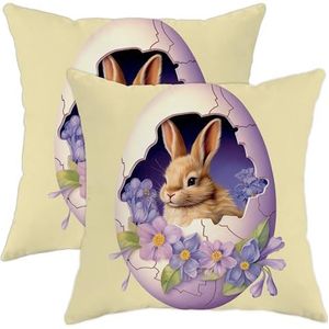Set van 2 kussenslopen paasei bloem konijn elegante schattige dier paarse kussensloop casual pluche kussenhoezen voor terras, huis, woonkamer, 45x45cm