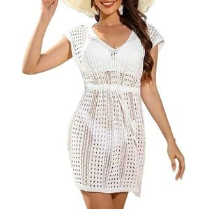 SkyjOy Cover-up voor vrouwen strandkleding gehaakte strandjurk voor vrouwen trekkoord V-hals zwempak coverups zwemmen cover up voor vrouwen badmode bikini badpak cover ups voor vrouwen (wit, M)