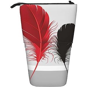 Rode en Zwarte Veer Etui Telescopische Make-up Tas Pop Up Office Organizer Box Staande Pen Houder Cosmetica Tas met Ritssluiting, Zwart, Eén maat, Munten Pouch