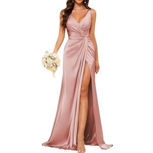 Dames V-hals bruidsmeisje jurk mouwloze split satijn geplooide formele jurk, Dusty Roze, 32