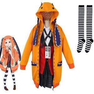 Anime cosplay Kakegurui Jabami Yumeko-uniform kostuum voor meisjes vrouwen lange oor konijn oranje jas hoodies met sokken voor Halloween carnaval kerstfeest (XL, rood)