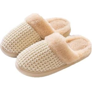 JadeRich Vrouwen Herfst Winter Indoor Katoenen Slippers Pluche Thuis Dikke Zolen Gebreide Schoenen Memory Foam, Beige, 3.5/4.5 UK