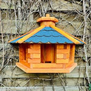 DARLUX Handgemaakt vogelvoederhuis XL vogelhuis weerbestendig geglazuurd hout voederplaats hangend bruin bitumdak blauw