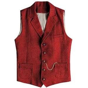 AeoTeokey Heren western visgraat tweed pak vest wol slim fit vest, Rood, 4XL