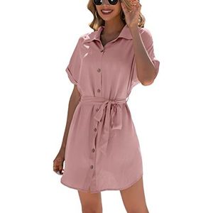 SERTHA Vrouwen Single Breasted Shirt Jurk Revers Belted Korte Mouw Casual Losse Solid Top Elegante Taille Knop, roze, S