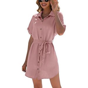 SERTHA Vrouwen Single Breasted Shirt Jurk Revers Riem Korte Mouw Casual Losse Solid Top Elegante Taille Knop Roze, roze