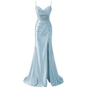 Satijnen bruidsmeisjesjurken voor dames, voor bruiloft, met slib, formele avondjurken, cocktailjurken, grote maten, Lichtblauw, 34
