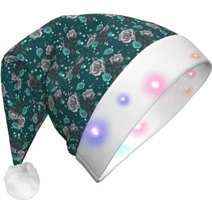 VTCTOASY Teal Grey Rose Print Santa Hat Led Light Up Christmas Hat Plush Xmas Hat For New Year Party