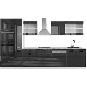 Livinity Kitchenette R-Line, antraciet hoogglans/wit, 350 cm met hoge kast, AP eiken