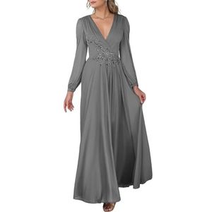 KIYNE Dames V-hals chiffon moeder van de bruid jurken met kant appliqué formele trouwjurk feestjurk, Grijs, 34