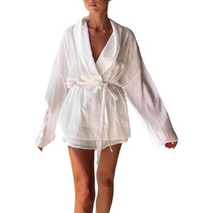 OHERUWKLS Dames Lange Mouw Lounge Loose Fit V-Hals Vetersluiting Aan De Top En Shorts 2-Delige Sets,Wit,L