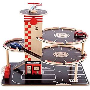 Sustainable Wood Toy Car, Toys For Kids, Hape “Park And Go” Garage Set With 4 Levels, 1 Lift, 2 Toy Cars, 1 Toy Helicopter. 3 years +