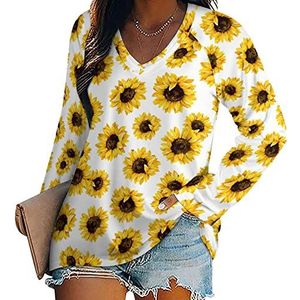 Zonnebloemen nieuwigheid vrouwen blouse tops V-hals tuniek t-shirt voor legging lange mouw casual trui