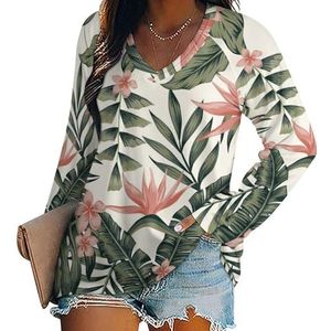 Plumeria bloemen bladeren palmbomen vrouwen casual lange mouw T-shirts V-hals gedrukte grafische blouses Tee tops XL
