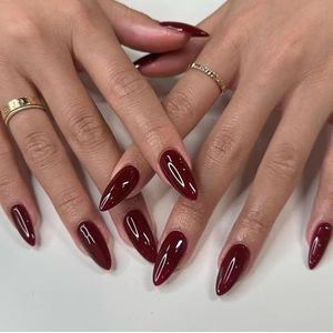 Kunstnagels lang, glanzend, effen kleur, Franse nageltips met nagellijm for vrouwen en meisjes(Cherry Red)