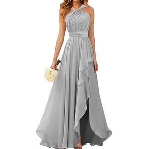 Halter Prinses Bruidsmeisjes Jurken Geplooide Galajurken Ruche Chiffon Split Formele Avond Party Gown ZM212, Zilver, 32
