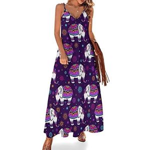 Boho Elephant Sling Maxi-jurk voor dames, V-hals, casual, mouwloos, verstelbare riem, sexy lange jurk