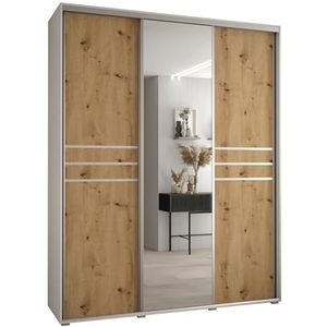MEBLE KRYSPOL Davos 11 200 Kledingkast met drie schuifdeuren voor slaapkamer - Moderne Kledingkast met spiegel, kledingroede en planken - 235,2x200x60 cm - Wit Artisan Silver