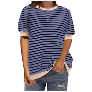 2024 Gestreept Shirt Dames Colorblocked Oversized Gestreepte Korte Mouw Gedrukt Ronde Hals T-shirt Eenvoudige Losse Trui Korte Mouw T-shirt (Color : Striped Blue Black, Size : XL)