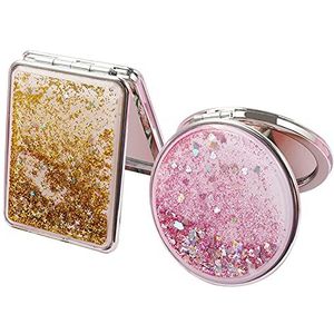 Mlysnd Compacte Spiegel, 2 Stuks Draagbare Spiegel Reismake-Upspiegel Perfect Voor Op Reis, Klein, Opvouwbaar, Dubbelzijdig, Rond, Vierkant (Roze, Goud)