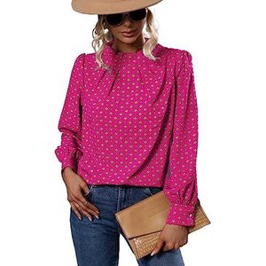 dames topjes Blouse met all-overprint, opstaande kraag en pofmouwen (Color : Hot Pink, Size : Small)