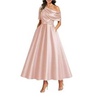 KIYNE Satijnen damesjurken voor moeder van de bruid, theelengte voor bruiloft, korset, A-lijn, formele avondjurk, feestjurk, Blush Roze, 32
